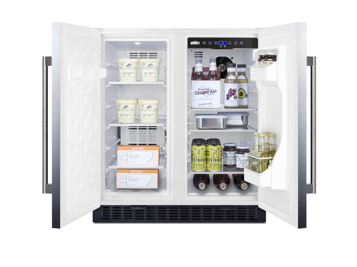 Frost-free side-by-side refrigerator-freezer for built-in or freestanding use with white cabinet, stainless steel doors, door storage, and digital controls